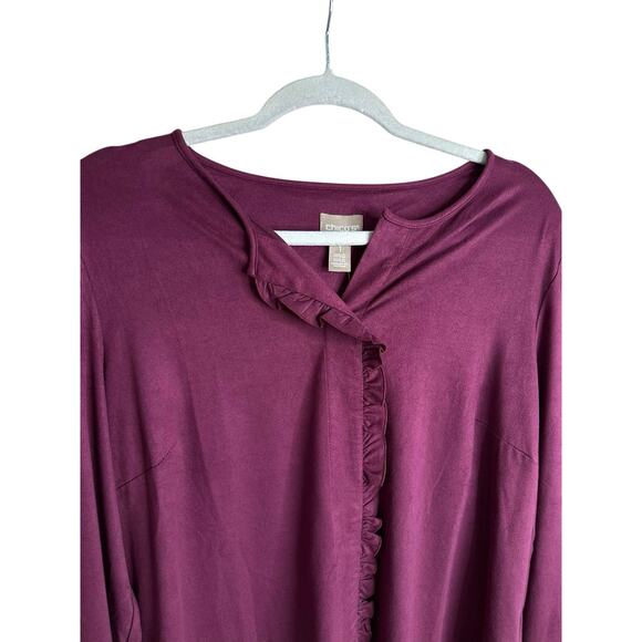 Chico’s Plum Purple Faux Suede Ruffle Button Shirt Long Sleeve Top Size 1 Medium - Picture 4 of 9